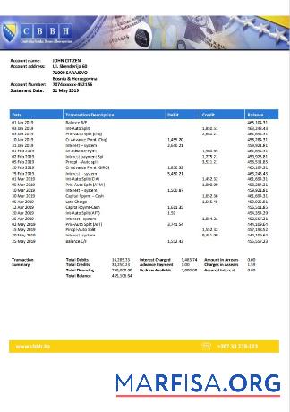 Realistic Bosnia and Herzegovina Central bank statement word sample